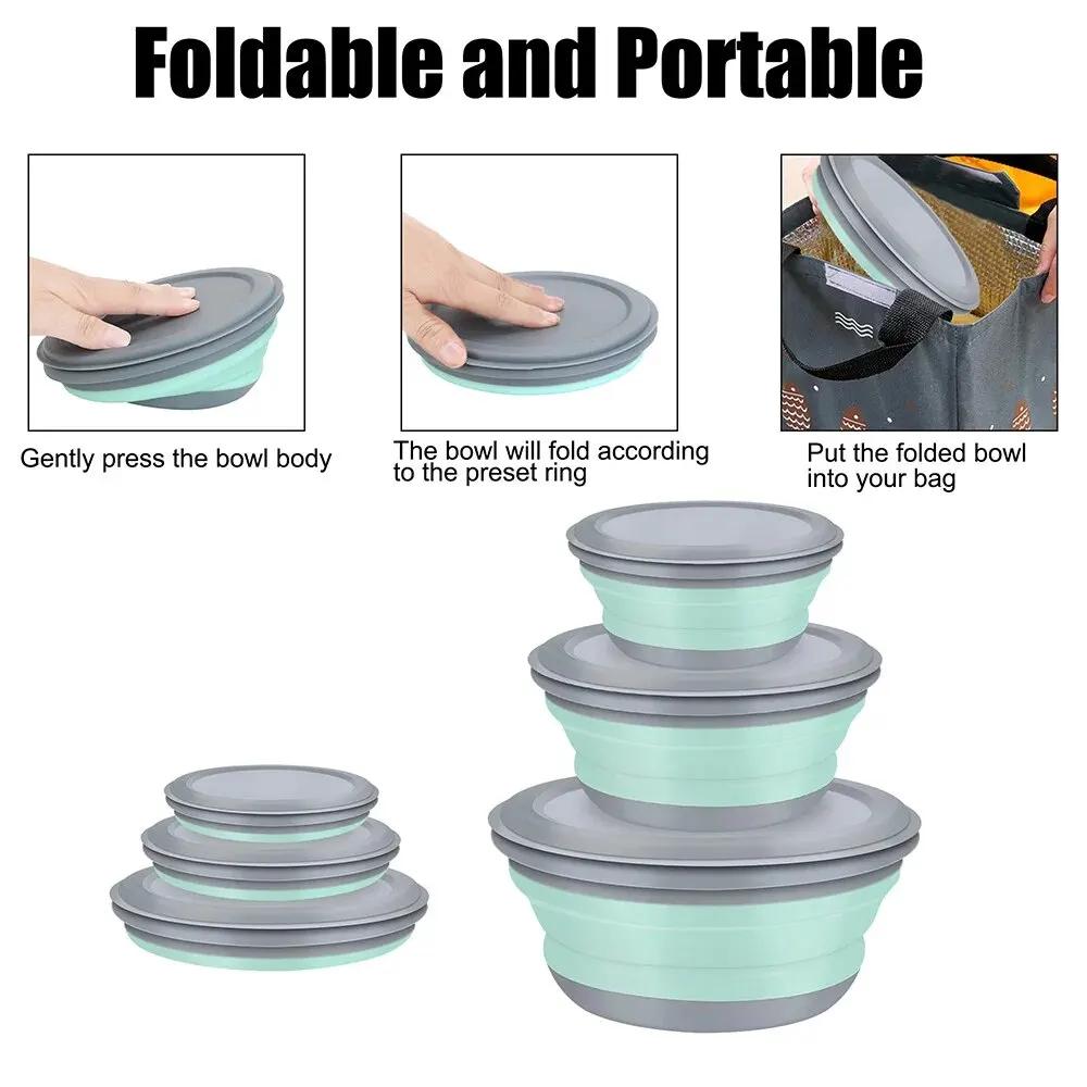 Silicone Folding Bowl with Lid, Salad Bowl Set, Foldable Lunch Box, Portable, 3 Pcs