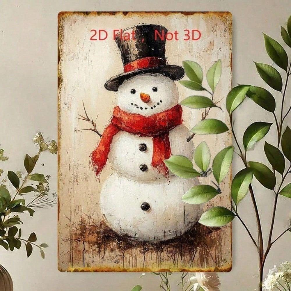 Vintage Christmas Snowman Tin Sign, Flat Aluminum 20x30cm Wall Decor for Home & Holiday