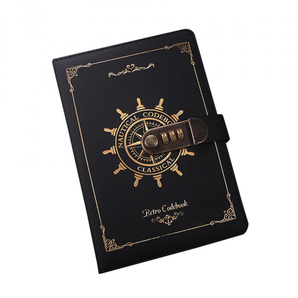 Black Pu Leather+Paper Notebook With Code Lock 215X145Mm Retro Diary Note Book