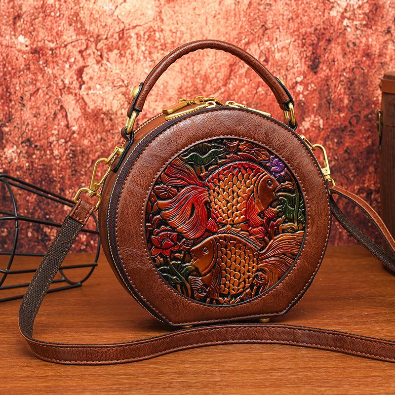 Ethnic Vintage Round Crossbody - Handmade Carved Flower Women's Shoulder Bag Minimalist Texture Commuter Large Capacity Tote Bag