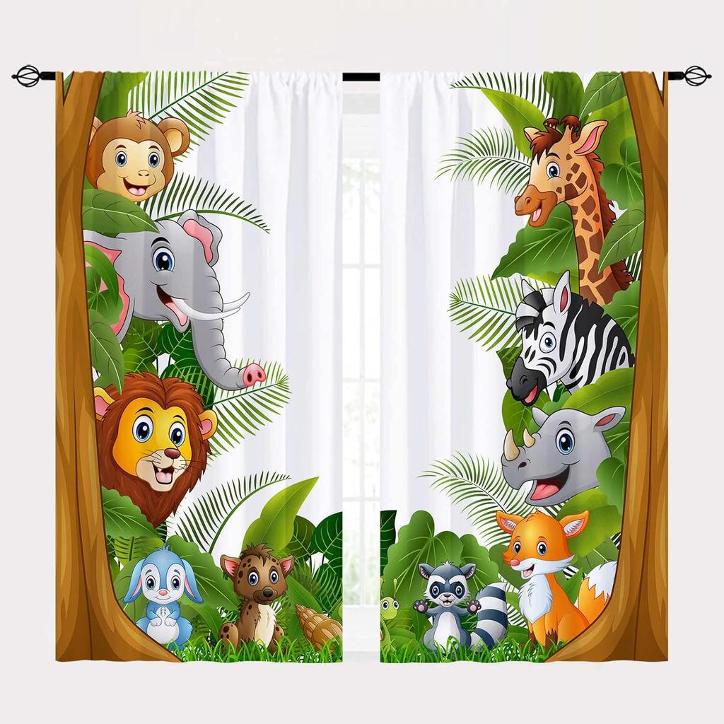 Animal Curtains Rod Pocket Kids Boys Girls Forest Giraffe Lion Elephant Monkey Zebra Rhinoceros Jungle Zoo Print Pattern Window