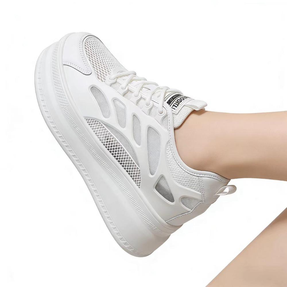 9cm Height Increasing Shoes Women Platform Sneakers Genuine Leather White Shoes Breathable Mesh Ladies Casual Shoes