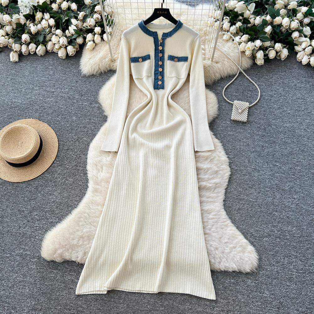 French Foreign Style Fashionable Small Fragrant Style Contrasting Colors Metal Buckle Round Neck Long Sleeve Waist Knitted Dress Women's Sweater Dress