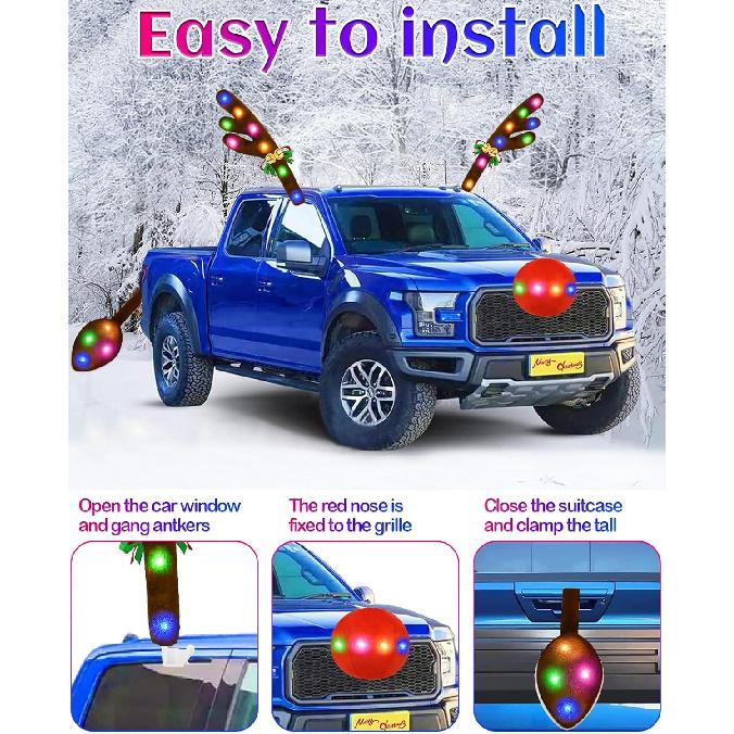 Christmas Reindeer Antlers Car Decoration Kit, IP44 Waterproof LED Lights Nose Vehicle With Jingle Bells Rudolph, Auto Holiday Accessories For SUV