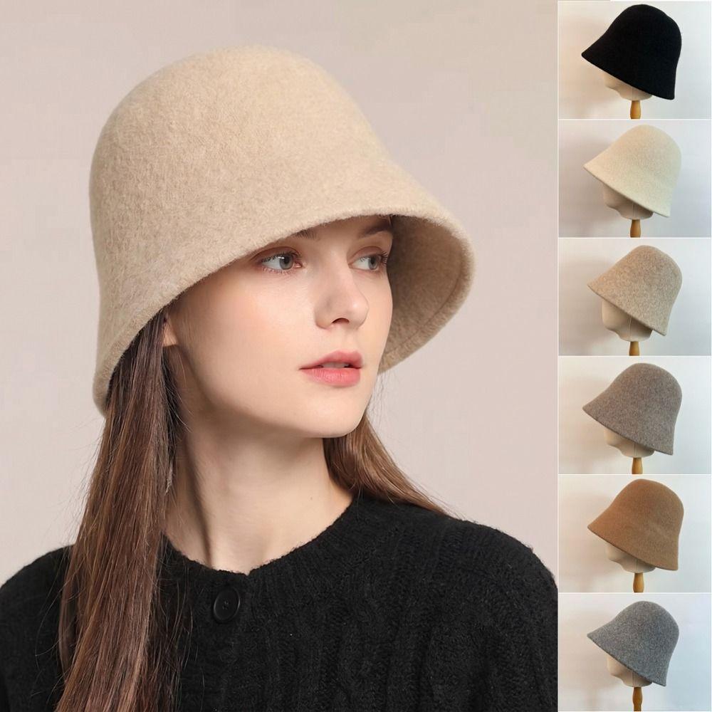Solid Color Warm Bucket Hat Windproof Basin Hat Elegant Wool Fisherman Hat Women
