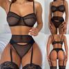 Sheer Lace Mesh Lingerie Set with Underwire Bra Adjustable Straps High Waist Garter Belt and Matching Panties for Women