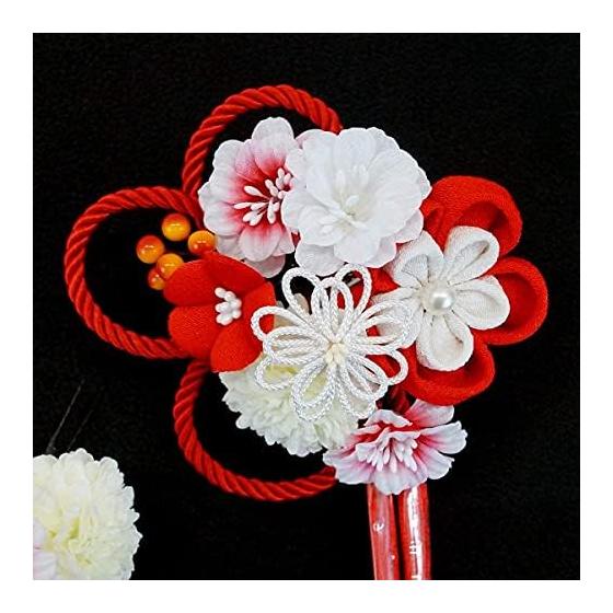 Hair Ornaments Set of 2 for Furisode Kimono Coming-of-Age Ceremony, Tsumami Zaiku, Red Chirimen, Flower Ornaments, Large Diameter Approx. 10cm, Small
