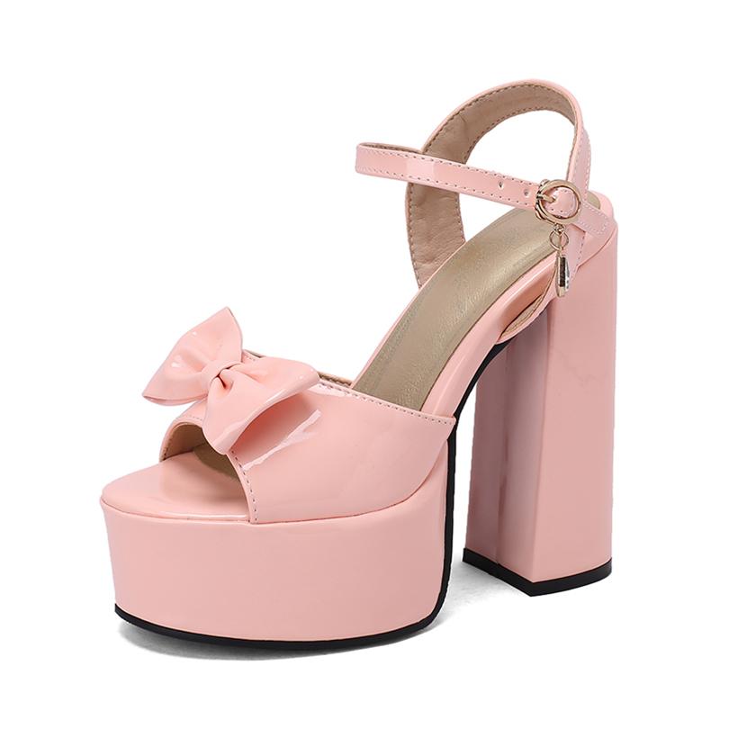 Bright Patent Leather Material, Cute Bow Tie Peep Toe Shoes Super High Thick Heels Hollowed Out Platform Sweet Women's Sandals
