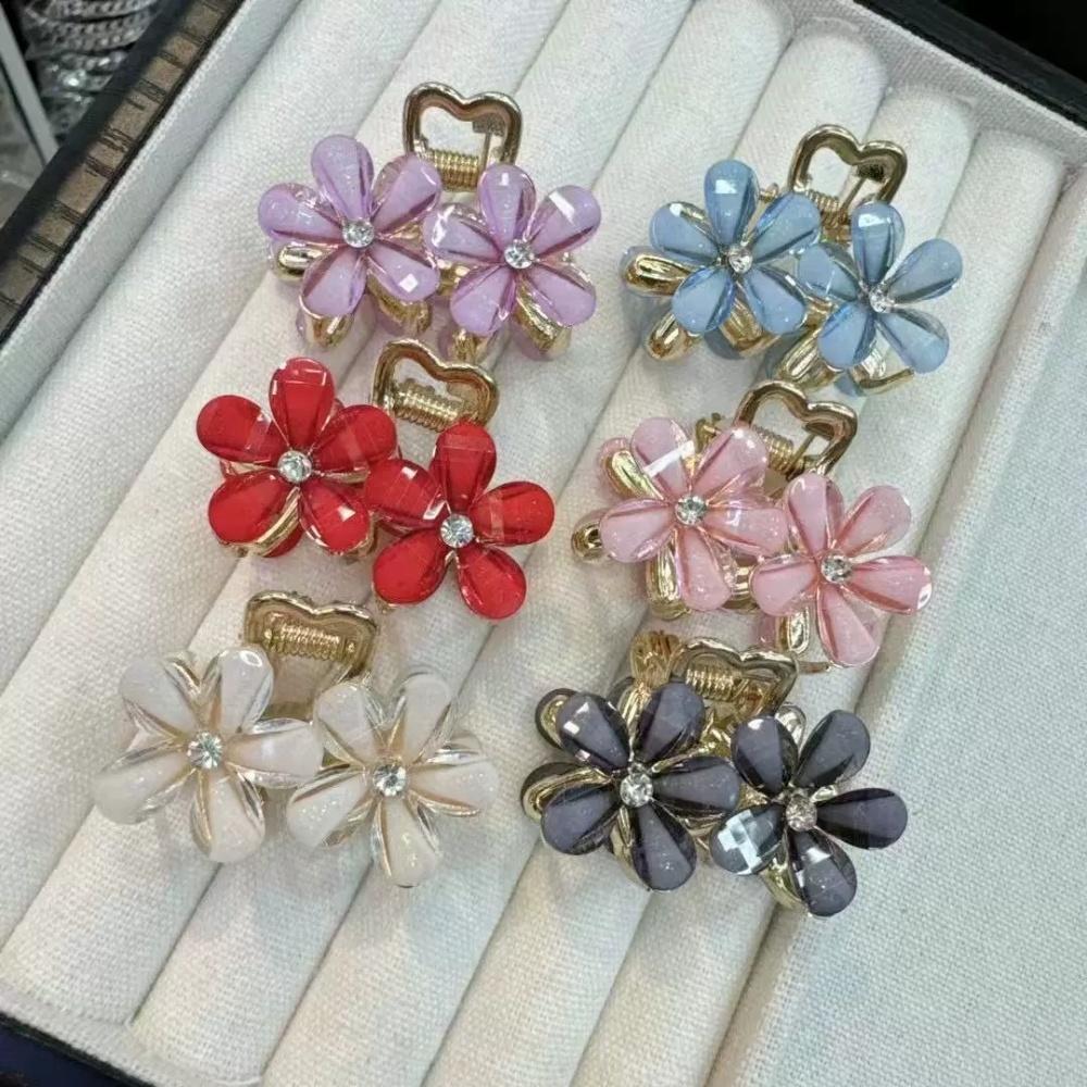

6 Pack Colorful Crystal Flower Small Hair Clips, Sweet and Exquisite Style, Daily Hair Taming / Teenage Braid Accentuation