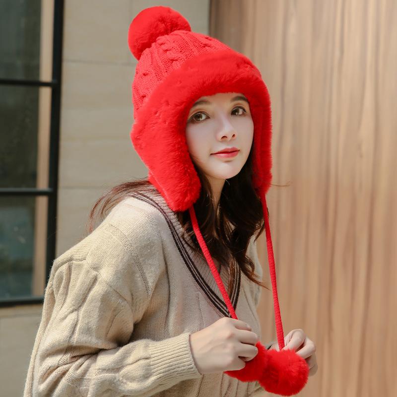 

Зимняя шапка модная плюшевая шапка с помпоном детская вязаная шапка тренд с подвесным помпоном с защитой ушей шерстяная шапка утолщенная Fleece, thicker, elastic красный