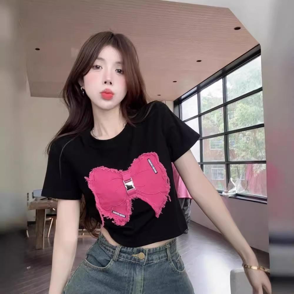 American retro sweet Spice Girl short front shoulder top design sense chic three-dimensional bow slim short sleeve t-shirt women