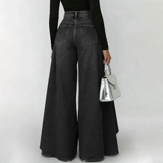 Women Pants High Waist Buttons Zipper Closure Denim Pants with Pockets Irregular Large Hem Wide Leg Solid Color Casual