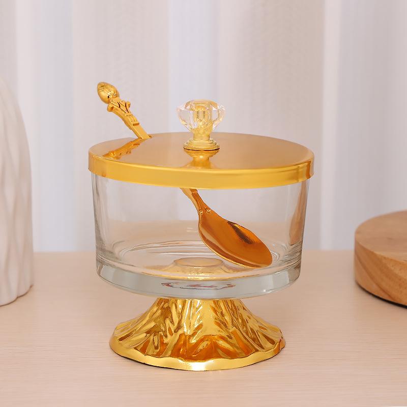 Golden Glass Seasoning Jar with Lid Metal Candy Box Kitchen Salt Sugar Jar Soy Sauce Vinegar Bottle Room Decor Fruit Snack Box