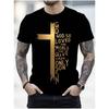 European Sizes Black  Men's Plus Size Casual T-Shirt - Gold Cross Design with Text, Stylish and Comfortable, Perfect for Outdoor Wear