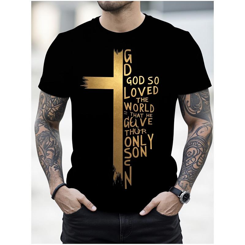 

European sizes Black Men s Plus Size Casual T-Shirt - Gold Cross Design with Text, Stylish and Comfortable, Perfect for Outdoor Wear 4XL чорний