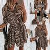 Shirt Dress Leopard Print Roll Up Sleeve Women Waist Tie Lapel Dress for Dating