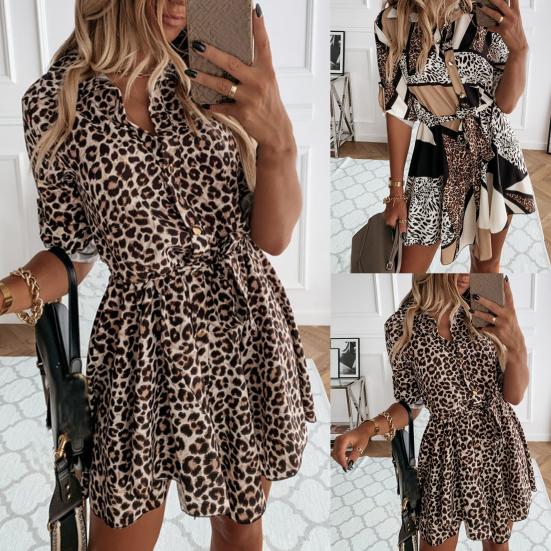 Shirt Dress Leopard Print Roll Up Sleeve Women Waist Tie Lapel Dress for Dating