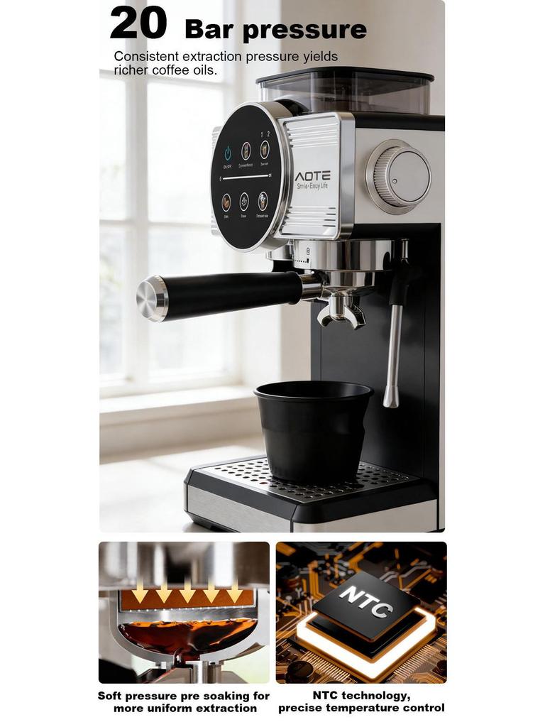 AOTE chytrý kávovar v italském stylu s mlýnkem, poloautomatickou duální extrakcí studené a horké kávy.