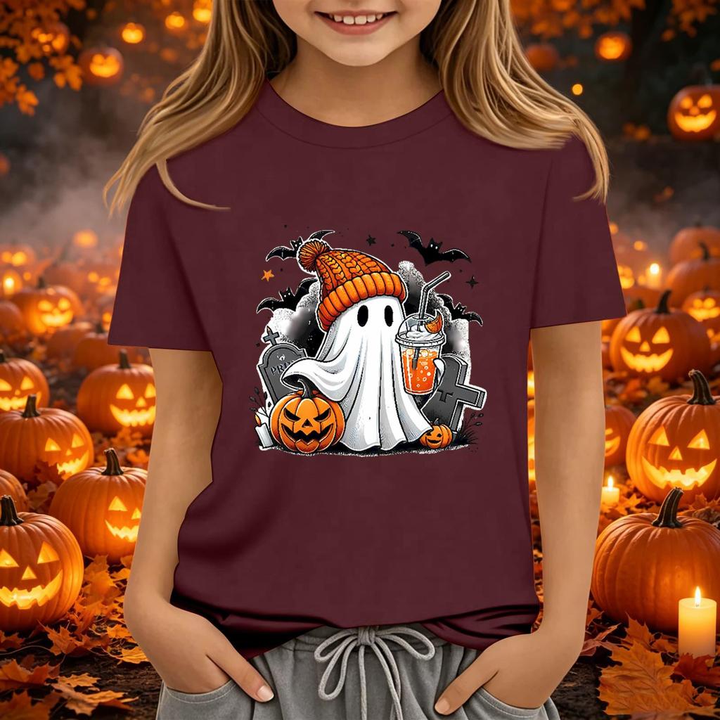 Kids' Halloween Printed Short Sleeve Neck T-Shirt, Loose Fit Top