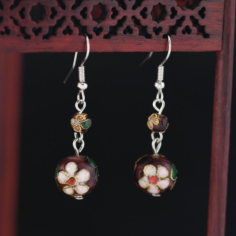Chinese Cloisonne Retro Round Bead Earrings Handmade Silk Enamel Earrings Simple Antique Cheongsam Earrings Female 12mm