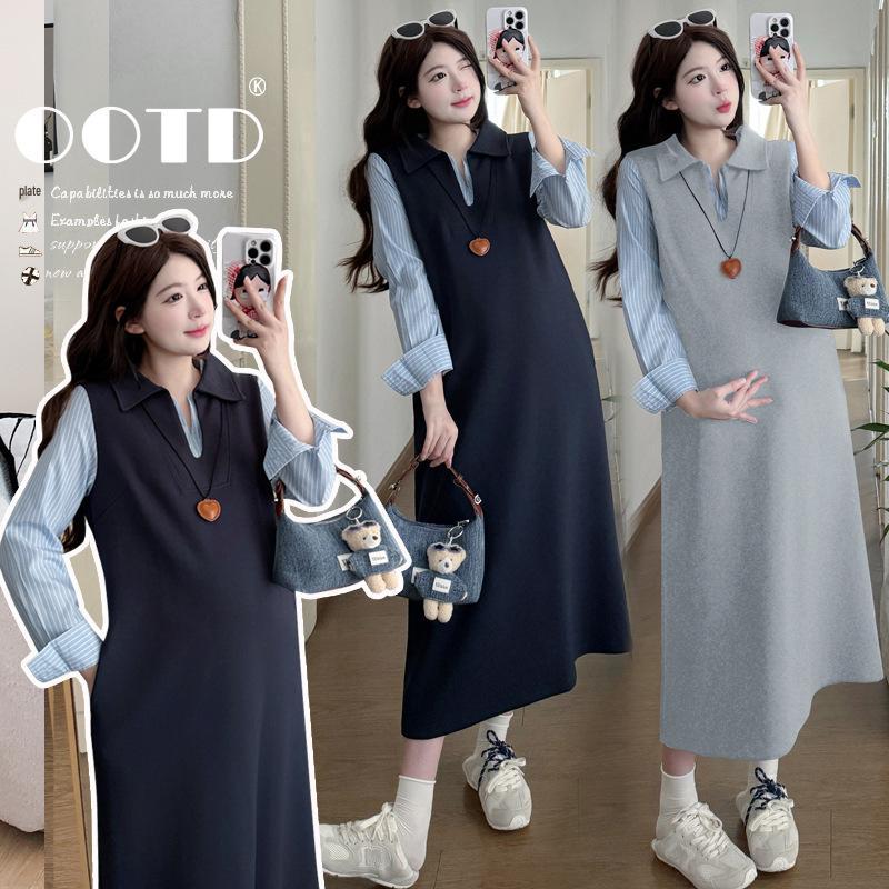 Spring 2026 Maternity Dress: New Loose-Fit Plus Size Long Splicing Shirt Dress XL