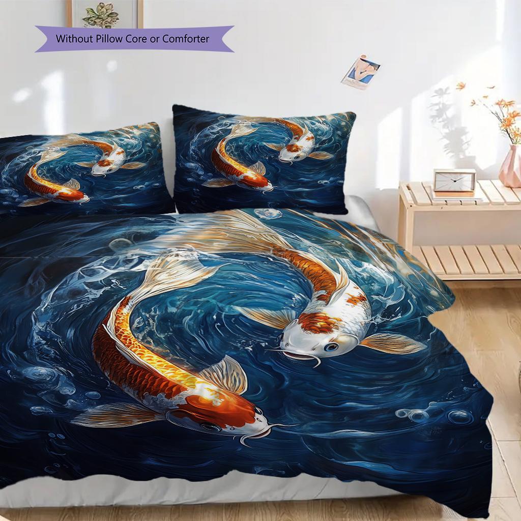 Koi Fish Pattern Bedding Quilt Set Quilt Cover Pillowcase Home Decoration Birthday Gift (1 * Duvet Cover + 2 * Pillowcase, Without Core)