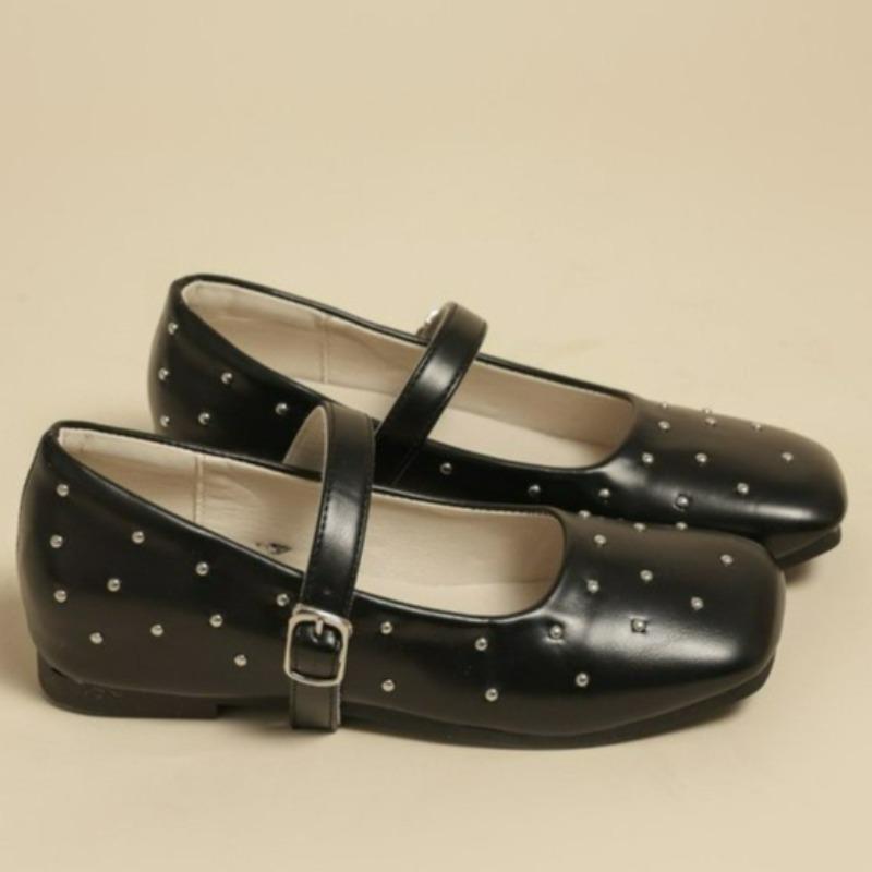 Fashion Flat Shoes Spring New Style Square Head Shallow Mouth Rivet Line with Soft Sole Anti-slip Wear-resistant Single Shoes