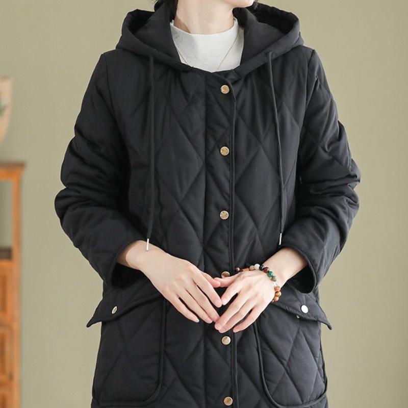 New Women's Diamond Check Down Cotton Coat Loose Casual Hooded Parker Outerwear Long Autumn Winter Female Warm Padded Jacket