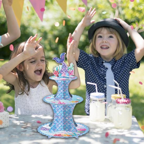 3patrový stojan na cupcakes s motivem mořské panny, Dekorace na tématickou párty, Držák na dort, Úložný regál na dezerty, Věž, Potřeby pro oslavu narození dítěte, Dívčí narozeninová párty