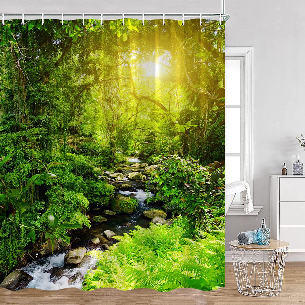 Garden Path Shower Curtains Pink Flowers Green Vines Forest Lane Bathroom Deecorations Nature Polyester Bath Curtains with Hooks