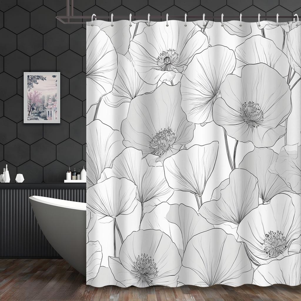 1pc Black and white floral striped shower curtain, polyester fabric, with 12 hooks, shower curtain, bathroom accessories.