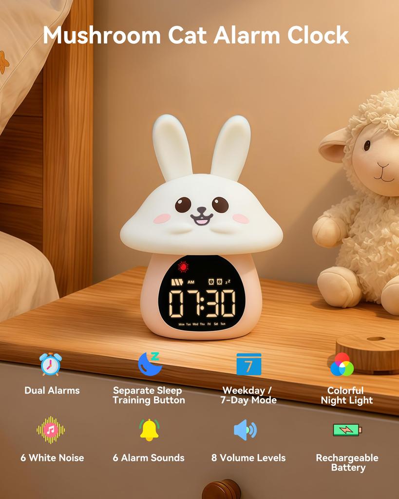 Kids' Sleep Training Alarm Clock with Night Light – [Ok to Wake] Double Alarm, RGB Light, 6 Alarm Sounds & White Noise, Rechargeable, Unisex –