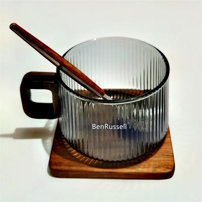 Tazza da Caffè in Vetro Americano Latte a Strisce Resistente al Calore da 300ml con Vassoio in Legno Cucchiaino Tazza da Tè al Latte Tazza da Caffè Macinato Fresco