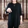 Women's Casual Black Loose Blouse Lace Neckline Mesh Insert Half-Sleeve Top