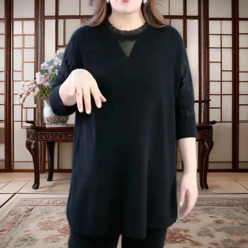 

Women s Casual Black Loose Blouse Lace Neckline Mesh Insert Half-Sleeve Top L чорний