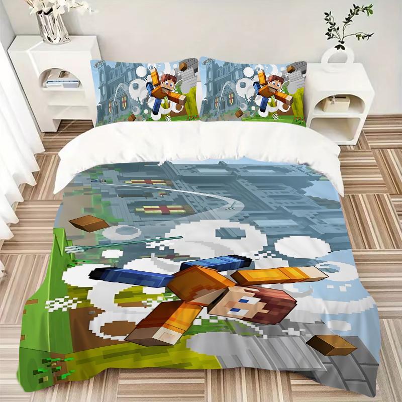 Blocky Adventure Sky Printed 3pcs Bedding Set Soft Microfiber 1 Duvet Cover And 2 Pillowcases Home Bedroom Decor Xmas Gift K1146