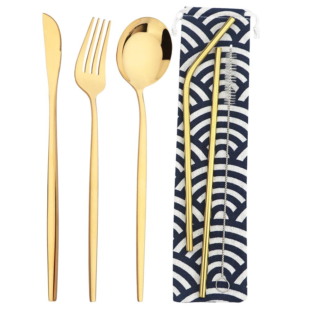 6Pcs Travel Camping Cutlery Set Travel Flatware Set Knife Fork Spoon Straw With Portable Bag Stainless Steel Tableware Set