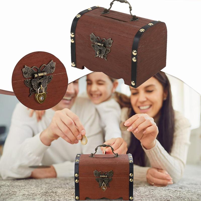 Vintage Wooden Treasure Chest Piggy Bank With Lock Money Box Coin Storage Retro Home Decor Trinket Box