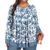Dámská móda plus size Tištěný ležérní plisovaný top s kulatým výstřihem a dlouhým rukávem