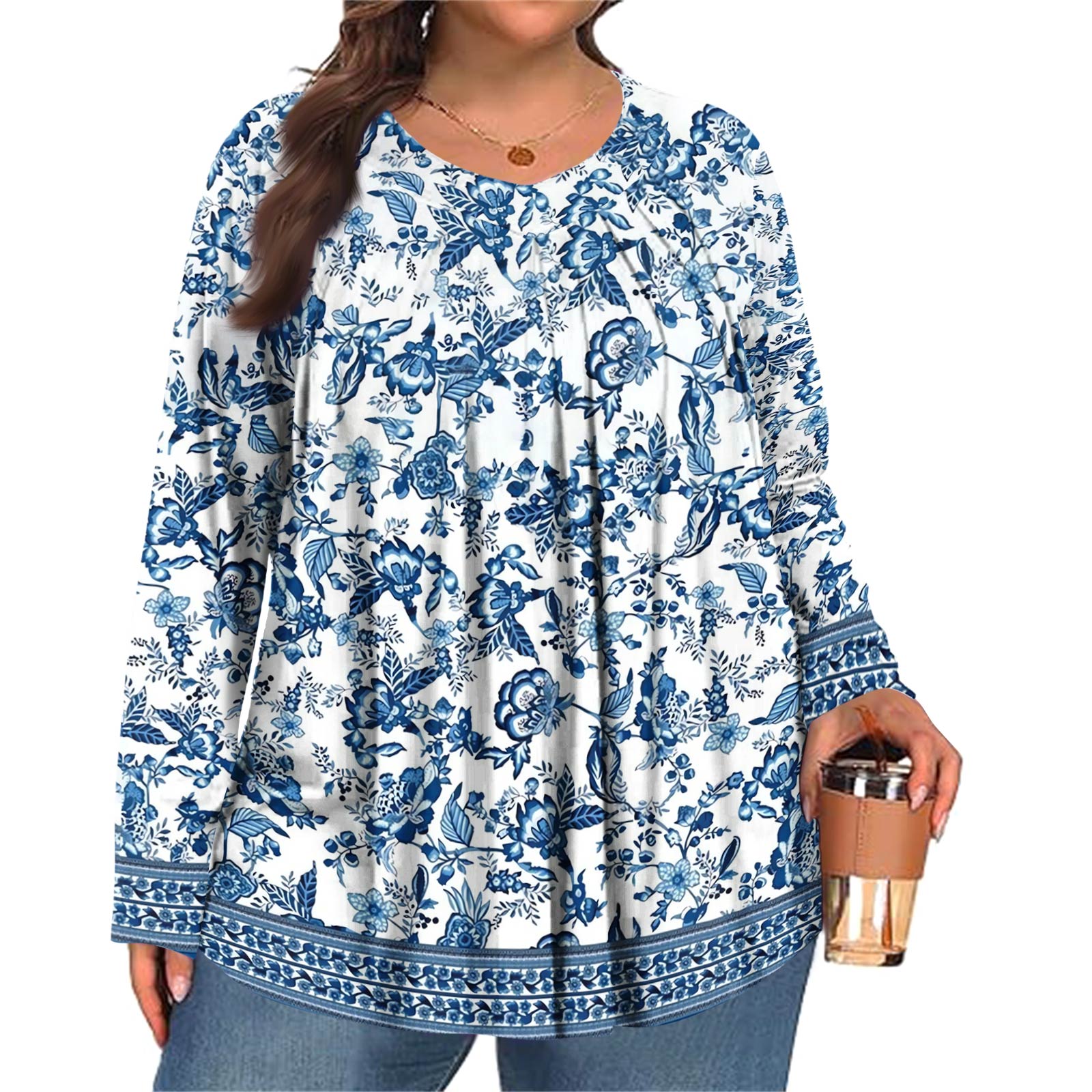 

Женский модный топ большого размера с принтом, повседневный плиссированный, с круглым вырезом и длинными рукавами XXL синий