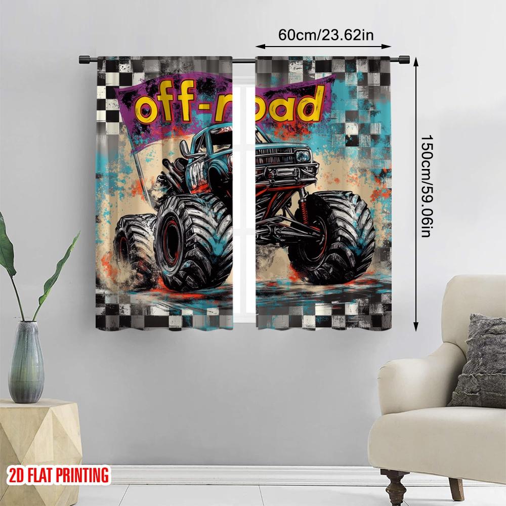 2pcs,2D Plane Printing Curtains Monster Dash Durable Polyester (without Rod) Room Decor Use for Living Room, Office, Kitchen,