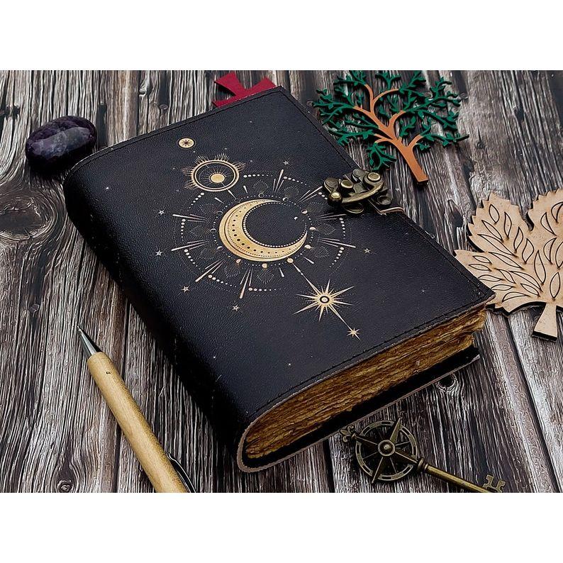 Sun Moon Leather Journal for Men Women 200 Pages of Antique Handmade Deckle Edge Vintage Paper Traveling Sketchbook Book