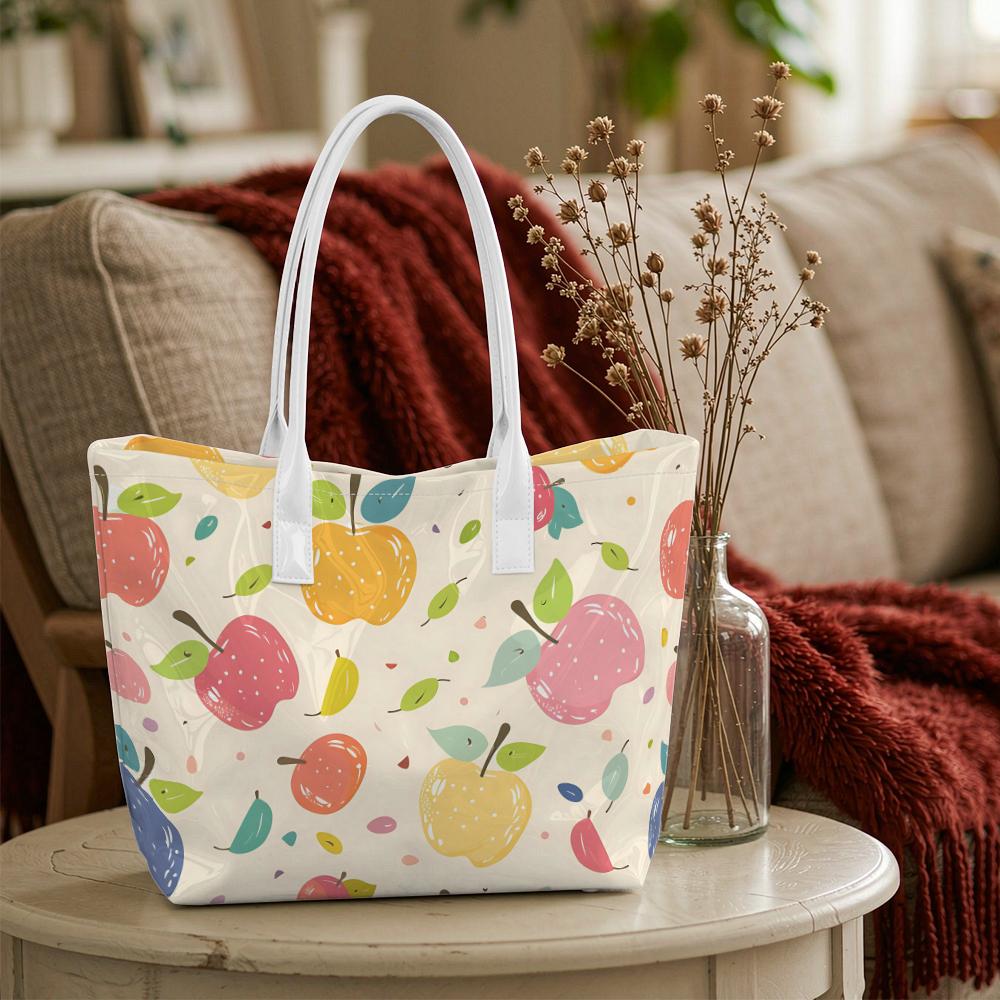 Cute Apple Print Tote Bag Fashion Casual Large Handbag Lightweight Daily Shopping Bag Sweet Fruit Pattern Shoulder Bag Portable Trendy Women's Carryal