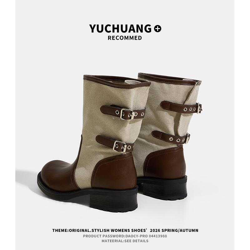 Vintage Splicing Cowboy Boots Women's Summer Boots Belt Buckle Medium Knight Boots Thick Heel Skinny Pile Boots