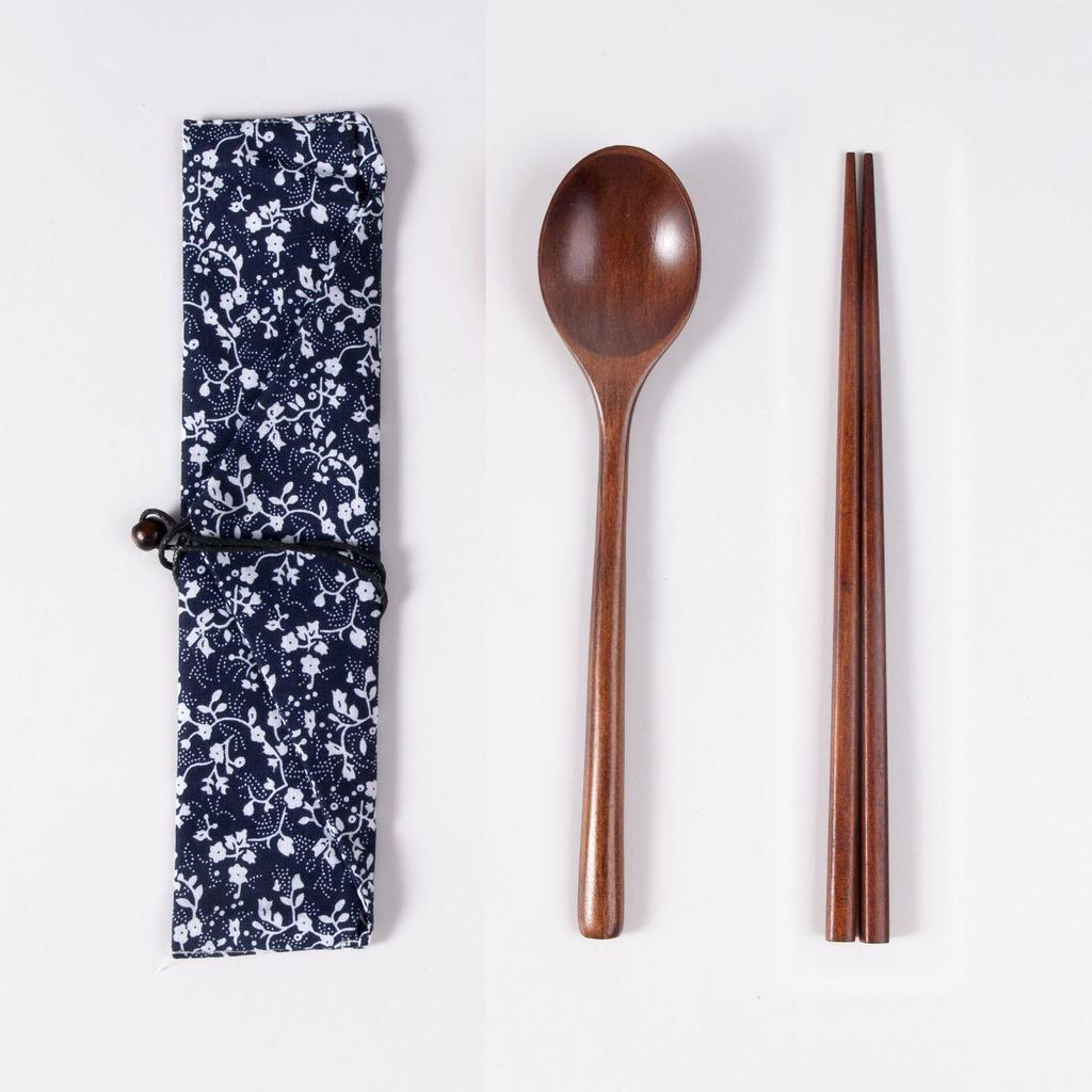 Japanese Wooden Portable Tableware Set: Long-Handled Spoon, Fork, and Chopsticks - Korean Style Three-Piece Set for Outdoor Use.