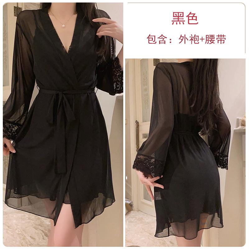 Women's Lace Sheer Mesh Sleep Dress with Robe Lounge Set