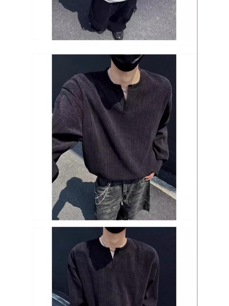Men's High-End Jacquard Hoodie: Wrinkled Waffle Knit Long Sleeve T-Shirt with Elastic Padded Shoulders