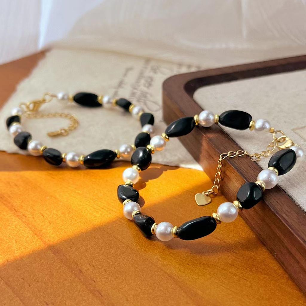 Retro Natural Black Agate Artificial Pearl Contrasting Bracelet