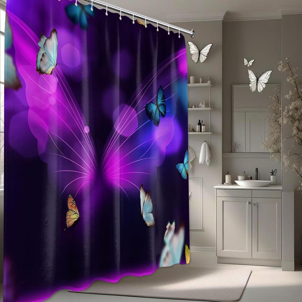 Butterfly Shower Curtain Woman Dark Purple Fantasy Bathroom Decor, Waterproof Fabric With Hooks, 70" W X 72" L