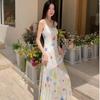 French Pure Desire Wind Waist Watercolor Suspender Dress Children's Design Sense Niche Irregular Fishtail Dress Spring and Summer